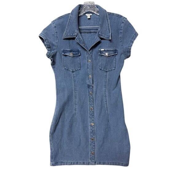Guess Denim Mini Snap Up Stretchy Short Sleeve Dress L Large - Picture 1 of 5
